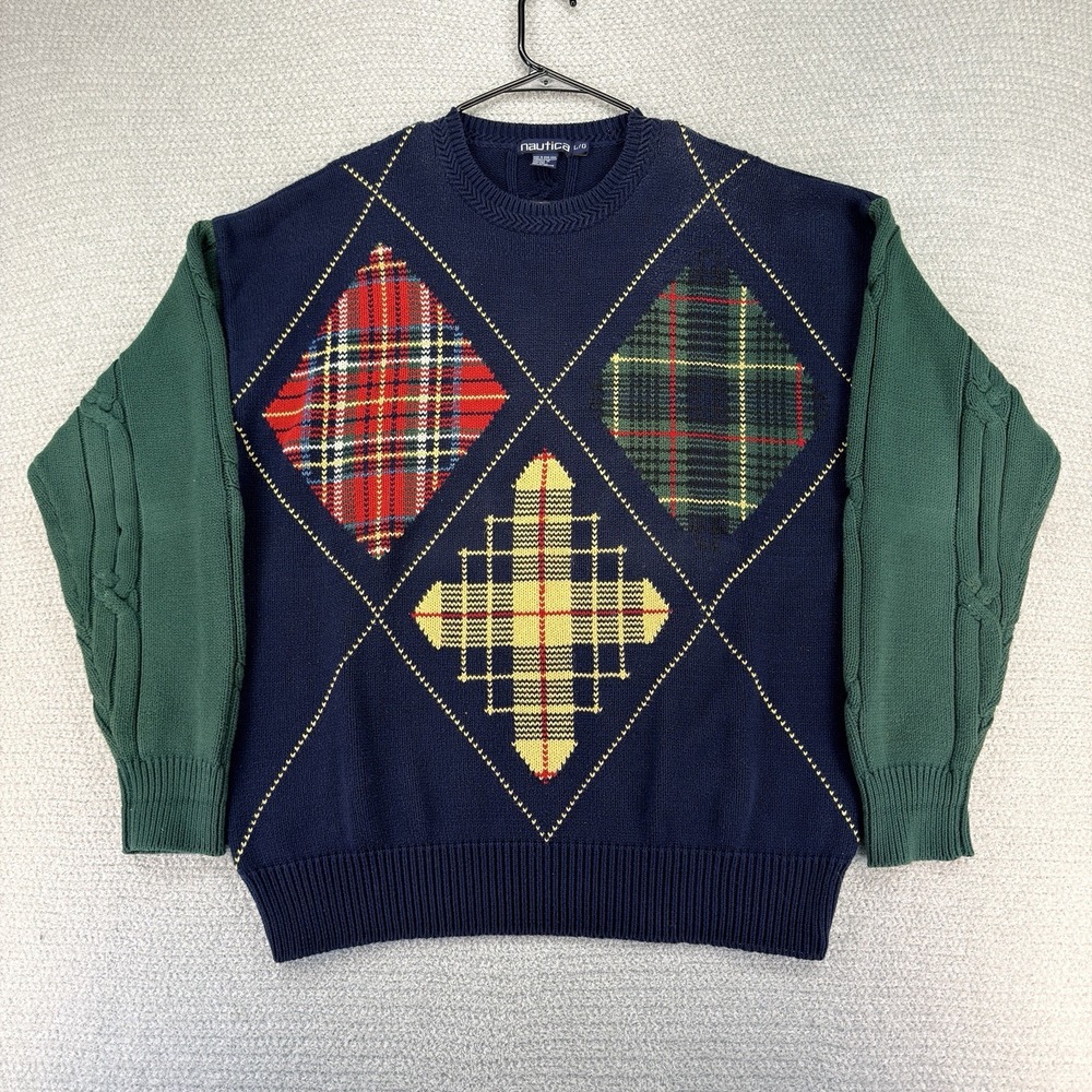 Vintage Nautica Sweater Mens Large Geometric Argyle Cable Knit 90s Dad Grandpa